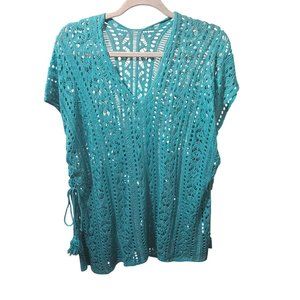 Crochet Knit Teal Tunic Top With Side Ties & V-Neckline 100% Cotton Sweater Wome